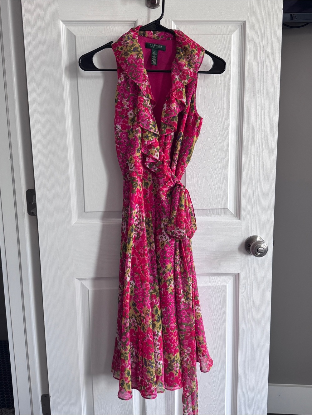 Ralph Lauren Pink, Green Floral Sleeveless Ruffled Wrap Tea Dress | Size 2